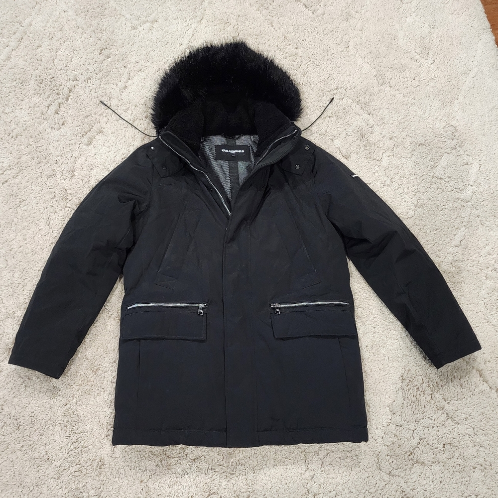 Karl Lagerfeld Paris Classic Heavy Black Faux Fur Hood Cold Weather Parka. M